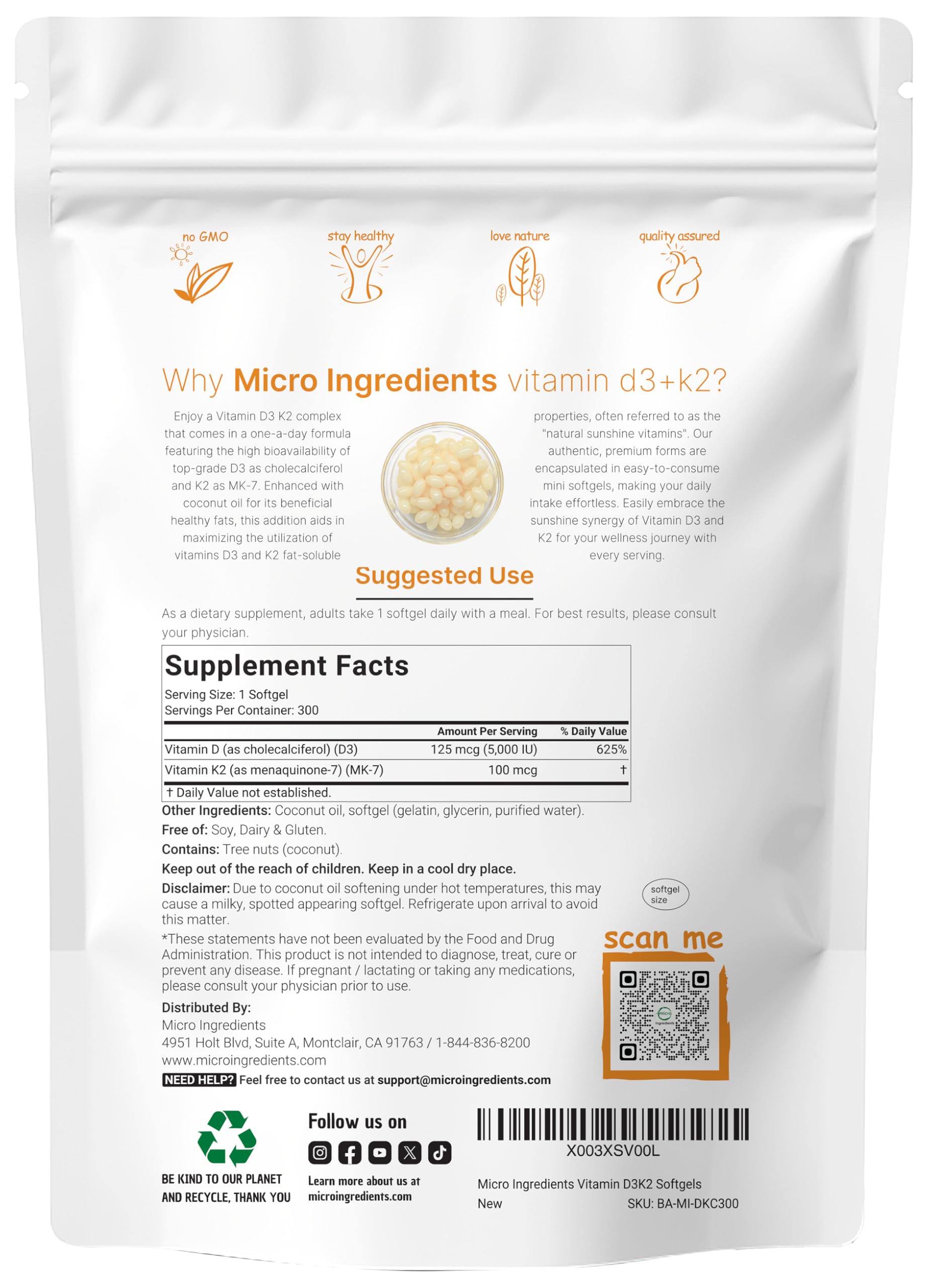 Micro Ingredients D3 + K2 softgels closeup highlighting easy-to-swallow capsules.