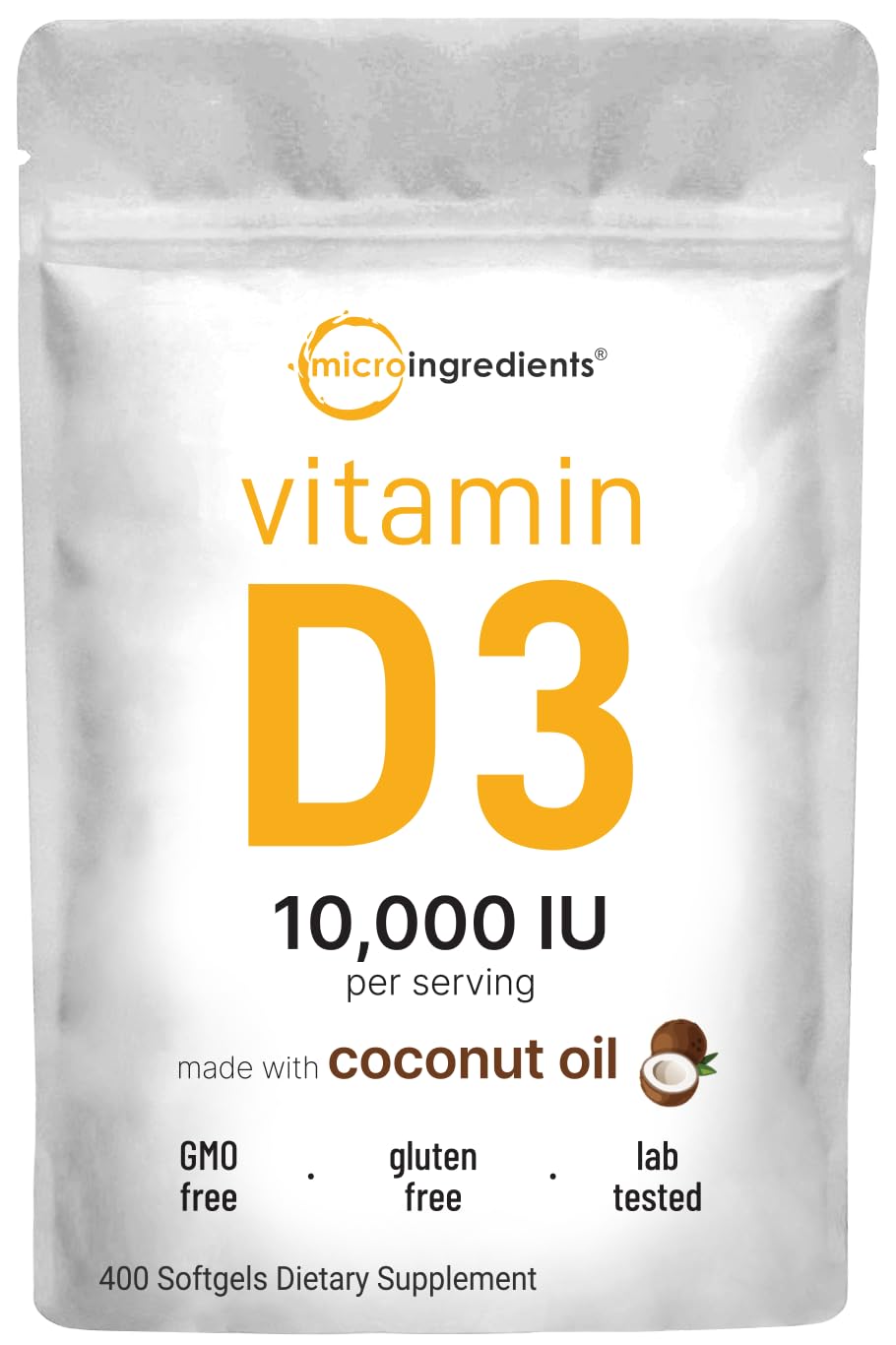 Micro Ingredients Vitamin D3 softgels bottle showing a convenient daily bone and immune support option