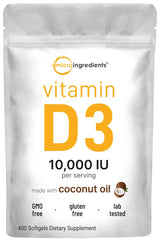 Micro Ingredients Vitamin D3 softgels bottle showing a convenient daily bone and immune support option