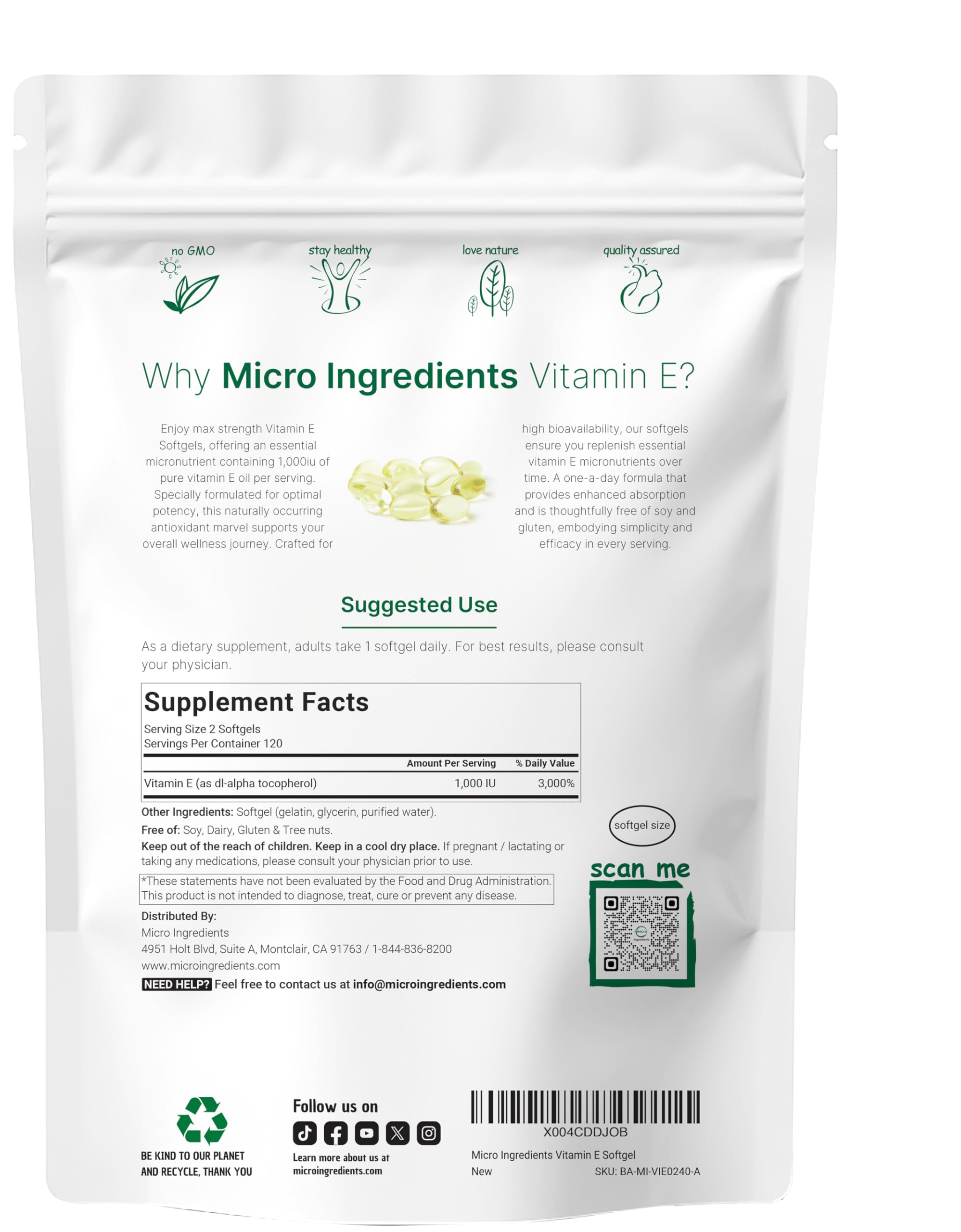 Micro Ingredients Vitamin E 1000 IU bottle front showing non-GMO and gluten-free quality.