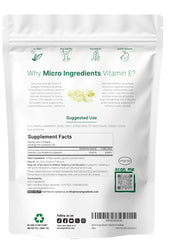 Micro Ingredients Vitamin E 1000 IU bottle front showing non-GMO and gluten-free quality.