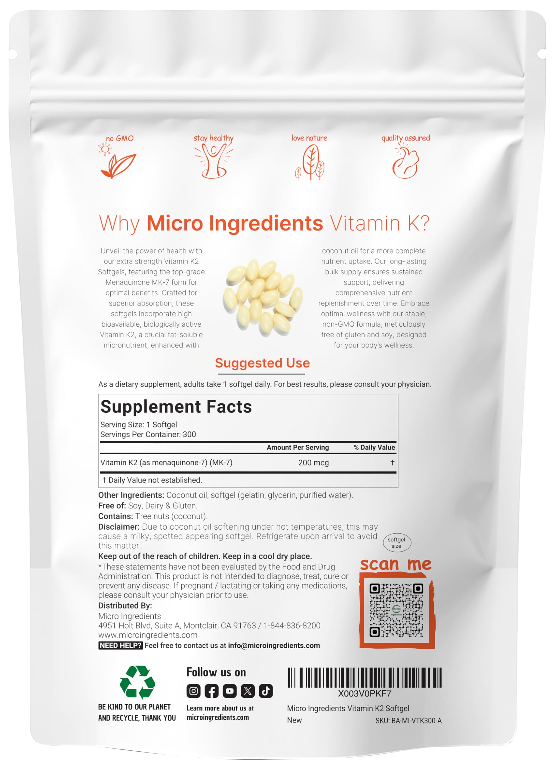 Micro Ingredients MK-7 softgels with coconut oil carrier for enhanced absorption.
