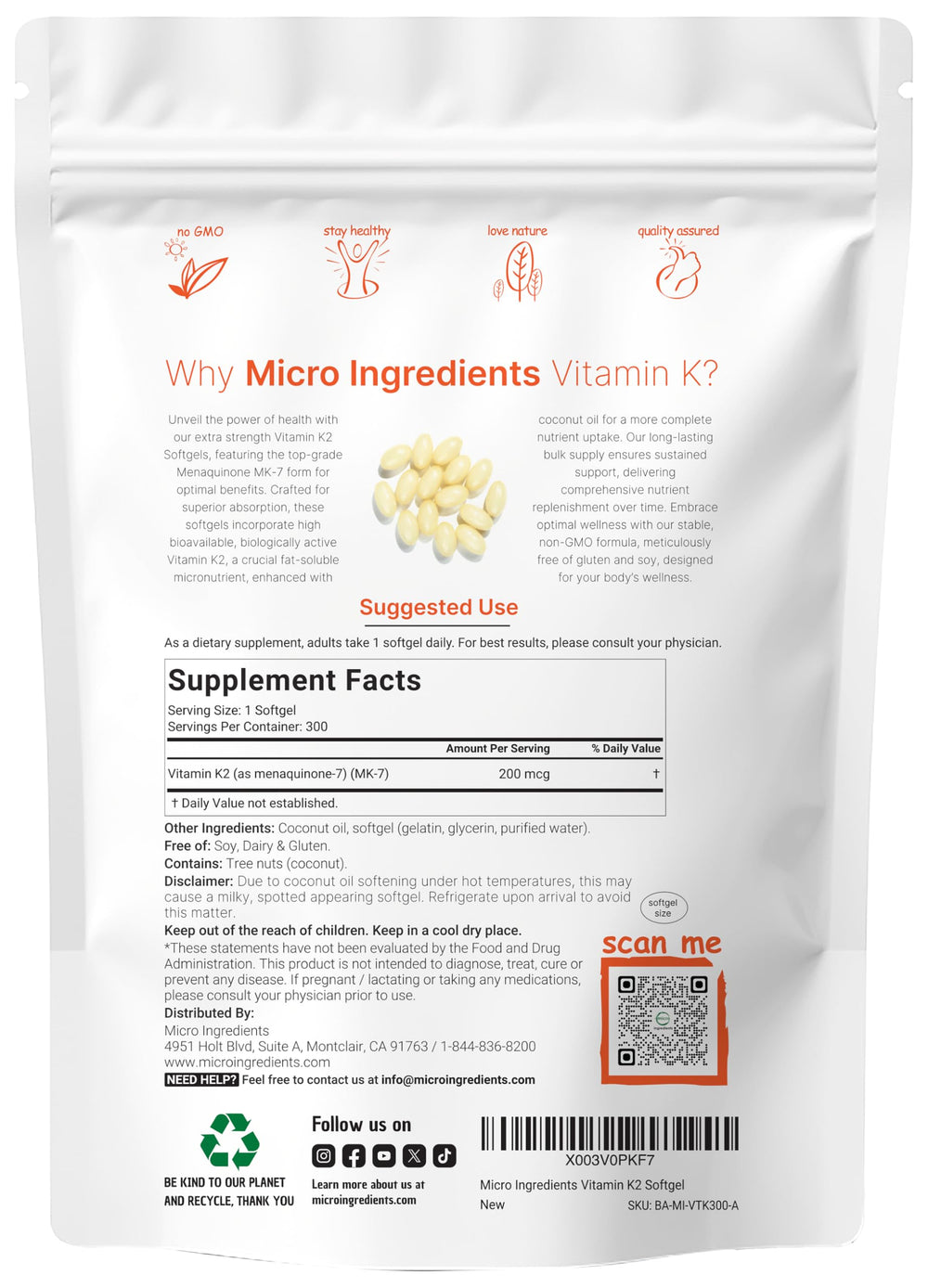 Micro Ingredients MK-7 softgels with coconut oil carrier for enhanced absorption.