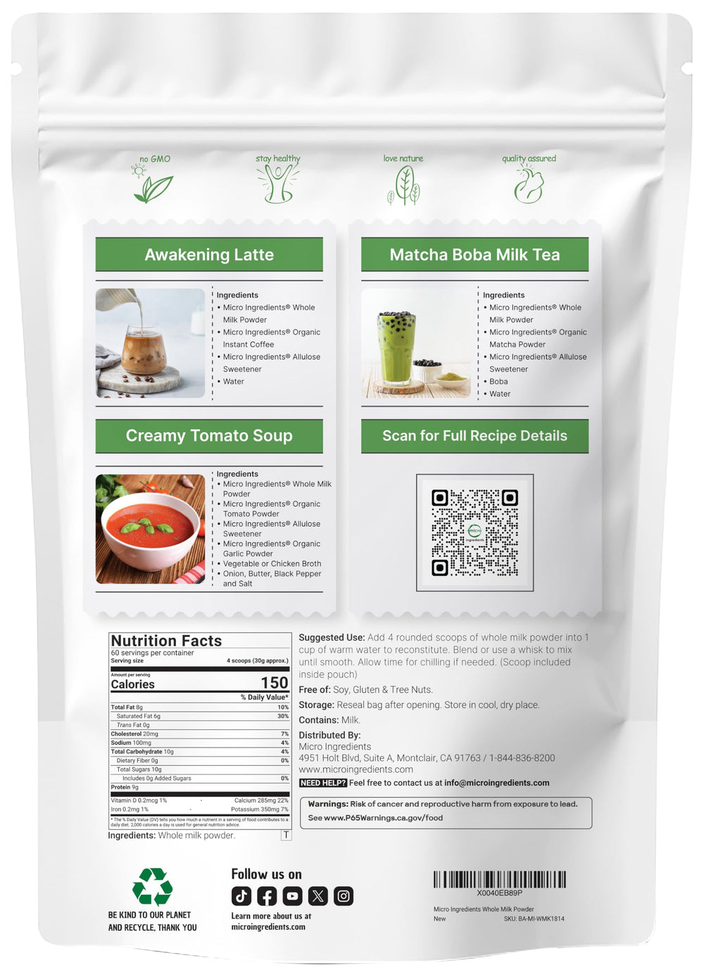 Micro Ingredients whole milk powder pouch label closeup highlights quality and purity.