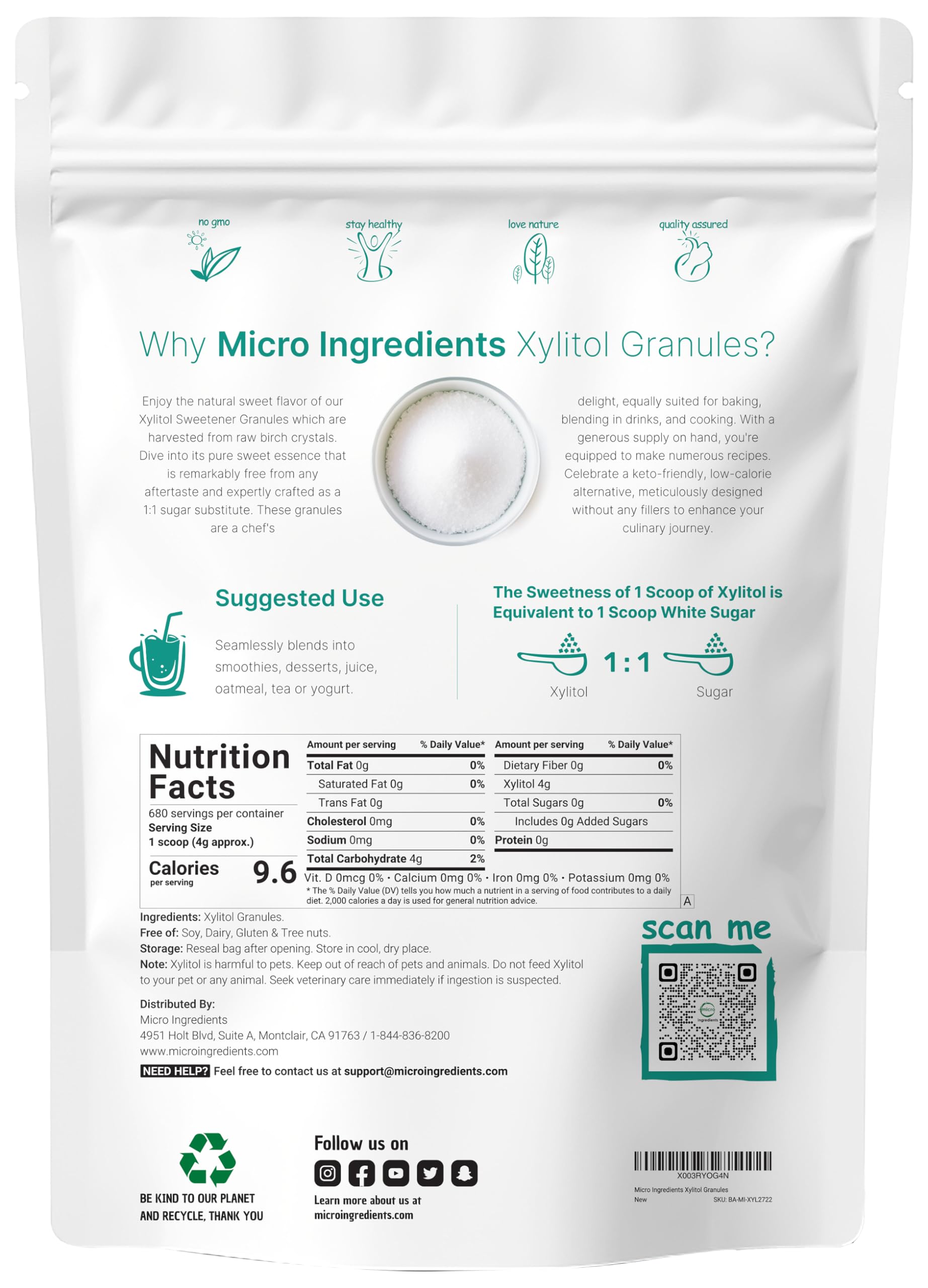 Micro Ingredients Xylitol scoop measures precise portions for baking and beverages.