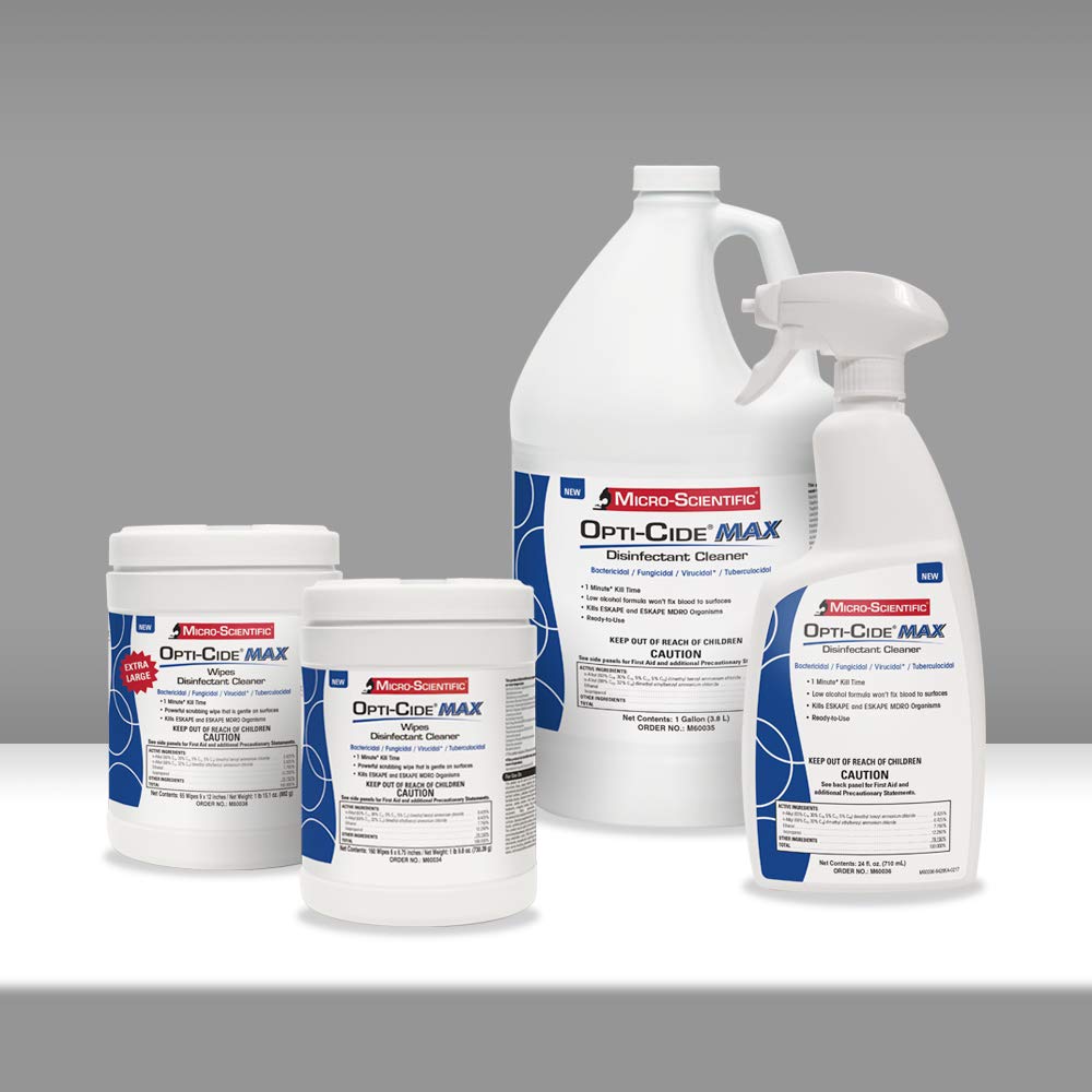 Opti-Cide Max beside metal equipment illustrating broad material compatibility.