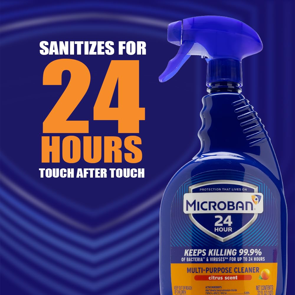 Microban 24 spray indicating 99.9% bacteria reduction on treated surfaces.