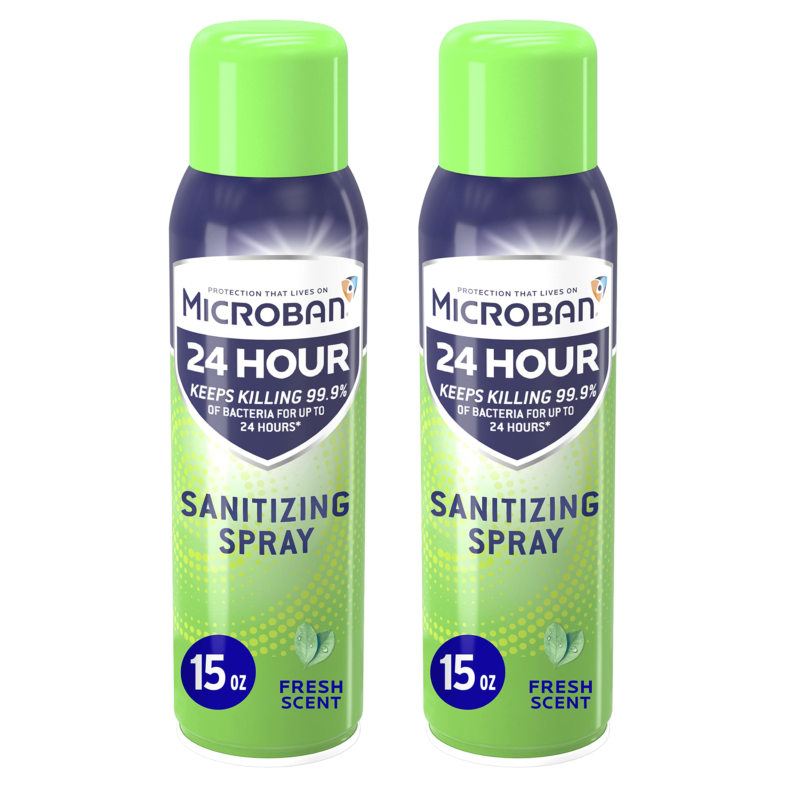 Microban disinfectant spray bottle showing 24-hour sanitizing action on surfaces.