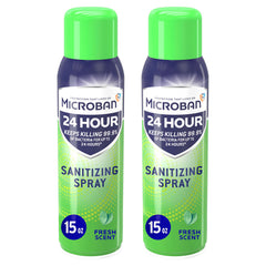 Microban disinfectant spray bottle showing 24-hour sanitizing action on surfaces.