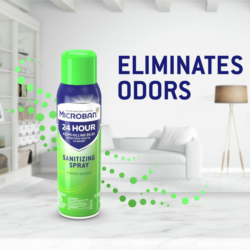 Microban spray on a couch fabric to sanitize soft surfaces.
