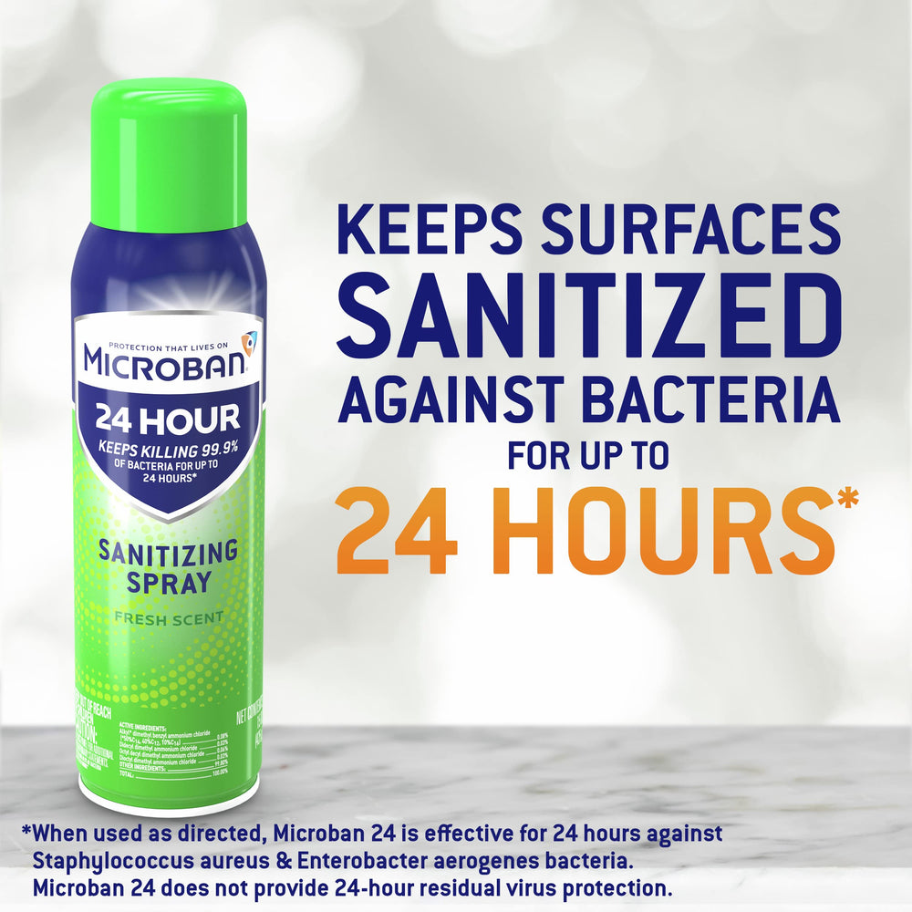 Microban spray beside children's toy, suggesting safe disinfection for play items.