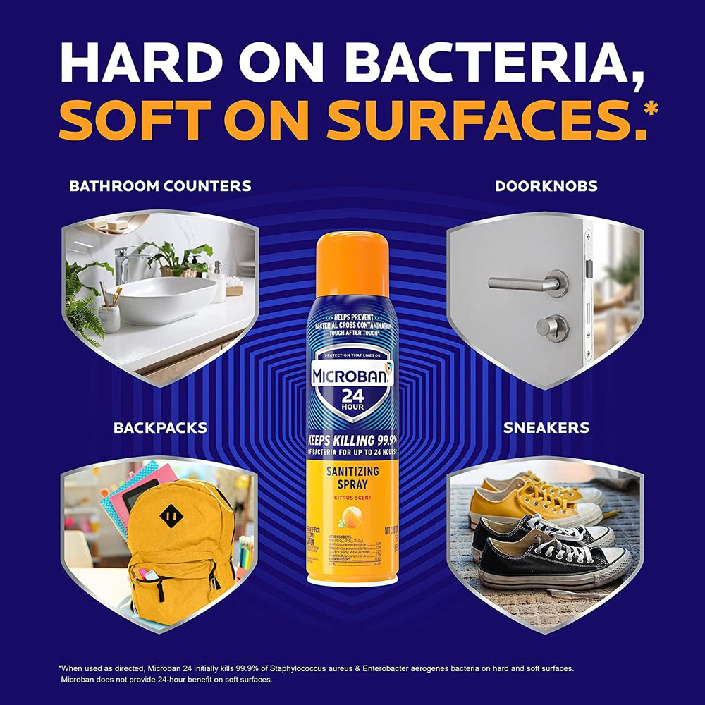Close-up of Microban label on the sanitizing spray bottle with EPA registration
