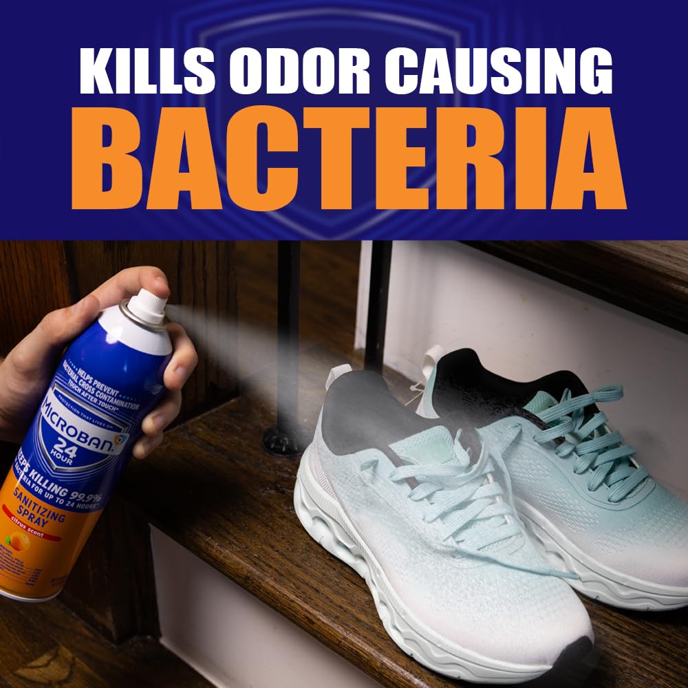 MICROBAN Sanitizing Spray deodorizes with citrus scent on household surfaces