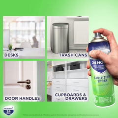 Microban two-pack disinfectant spray on bathroom shelf ready for use.