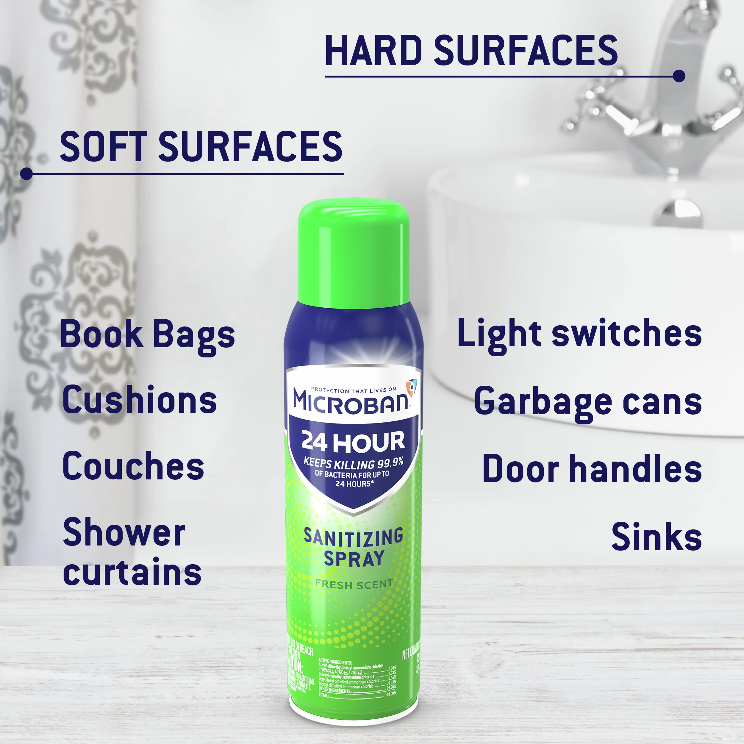 Microban label shows EPA-registered disinfectant and 24-hour protection.