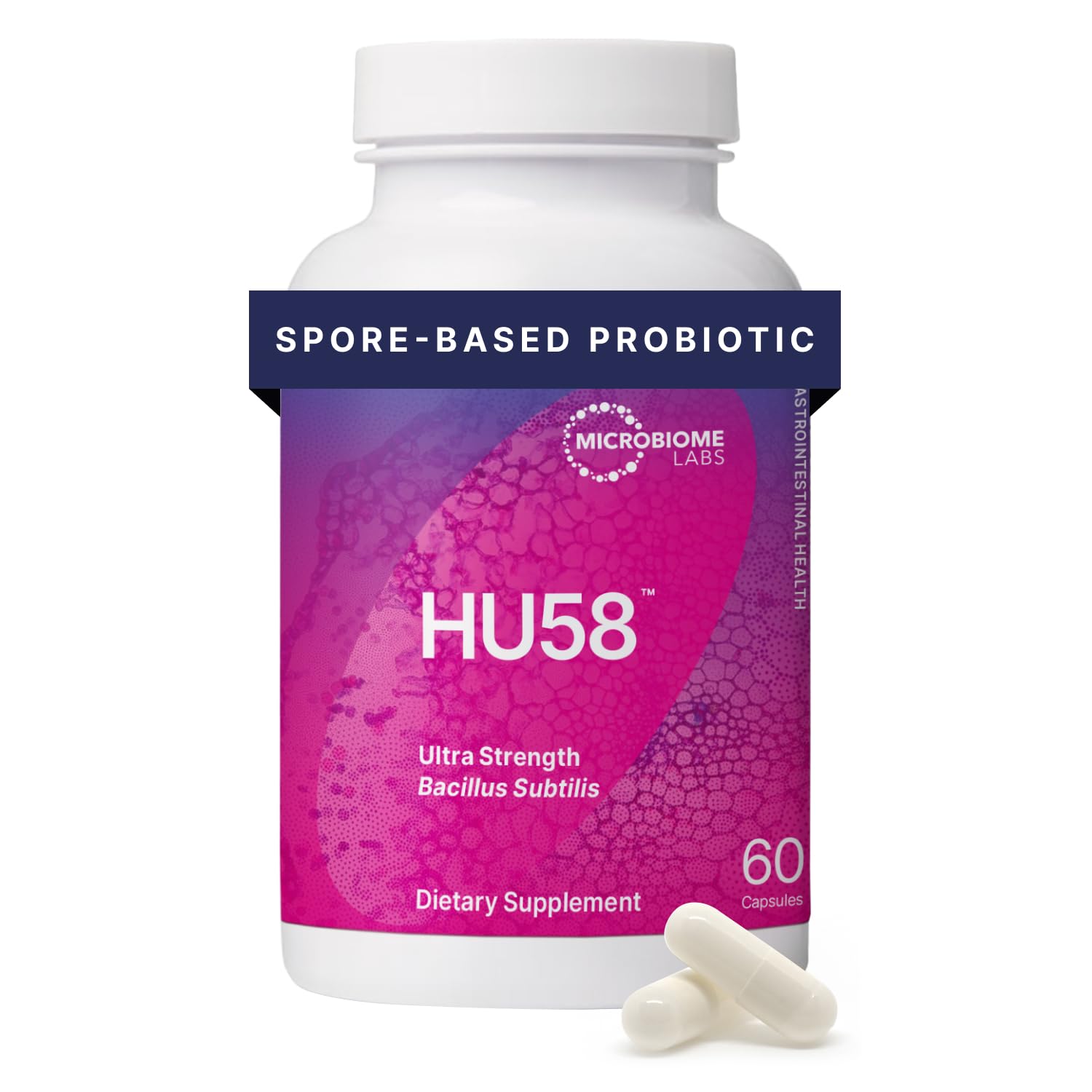 Microbiome Labs HU58 bottle front highlighting 10B CFU spore probiotic for digestion.