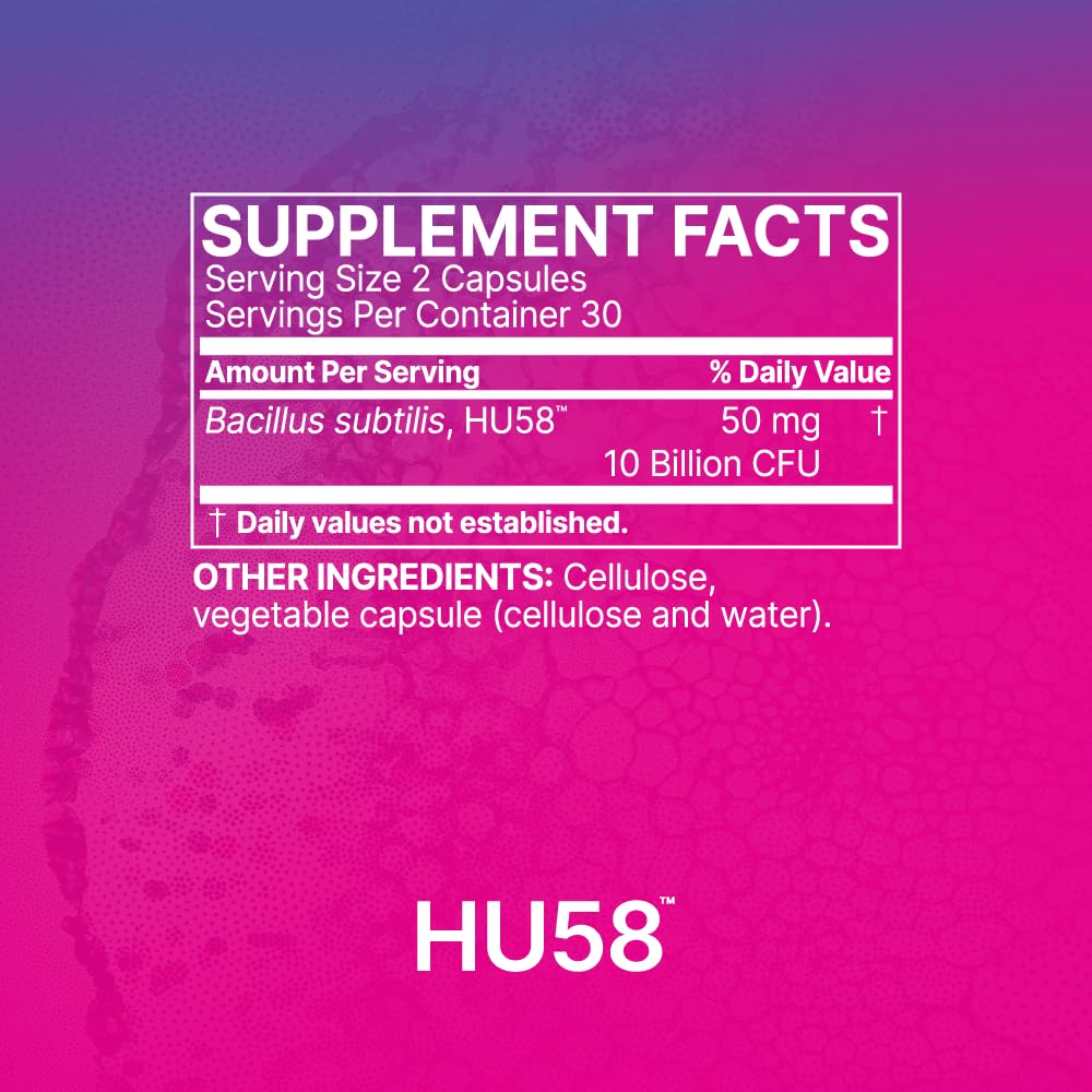 HU58 label closeup displaying dosage and product details.