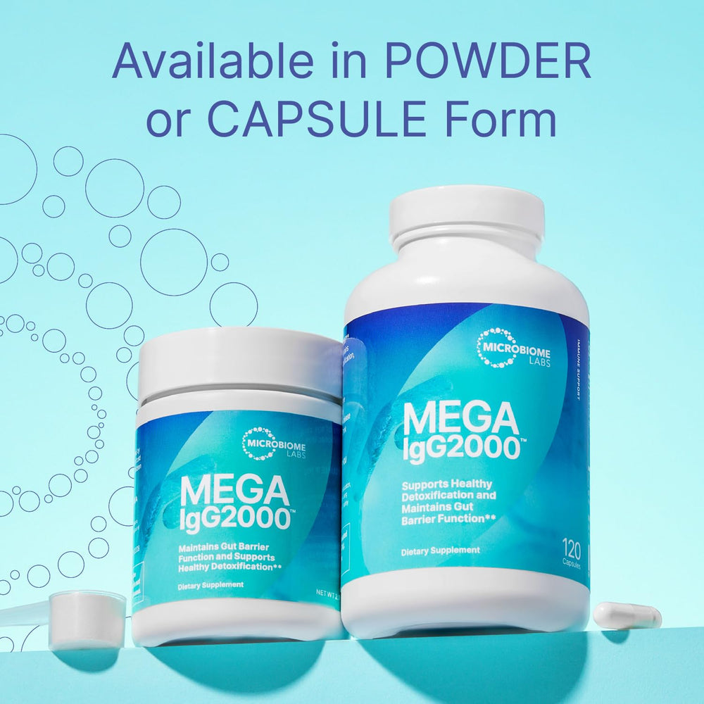 Microbiome Labs Mega IgG2000 label on bottle highlighting ingredients.