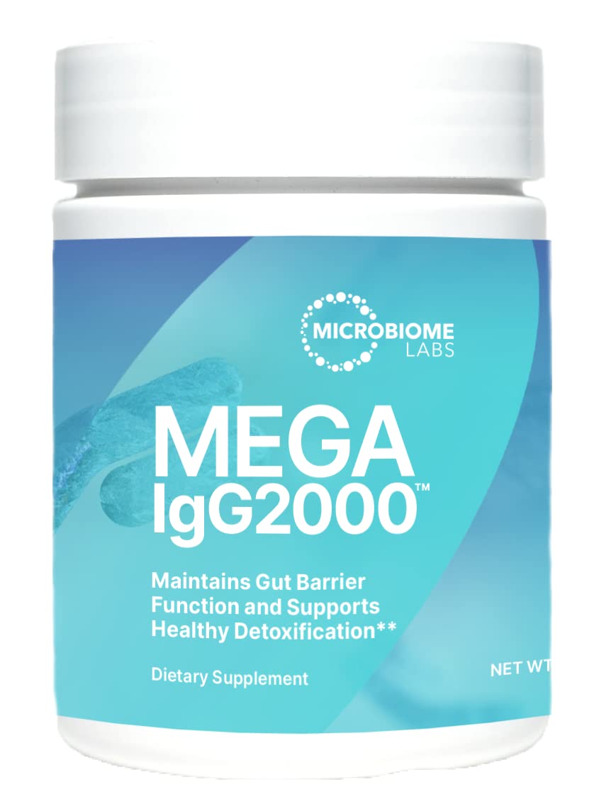 Microbiome Labs Mega IgG2000 powder tub closeup for dairy-free gut support.