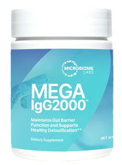 Microbiome Labs Mega IgG2000 powder tub closeup for dairy-free gut support.