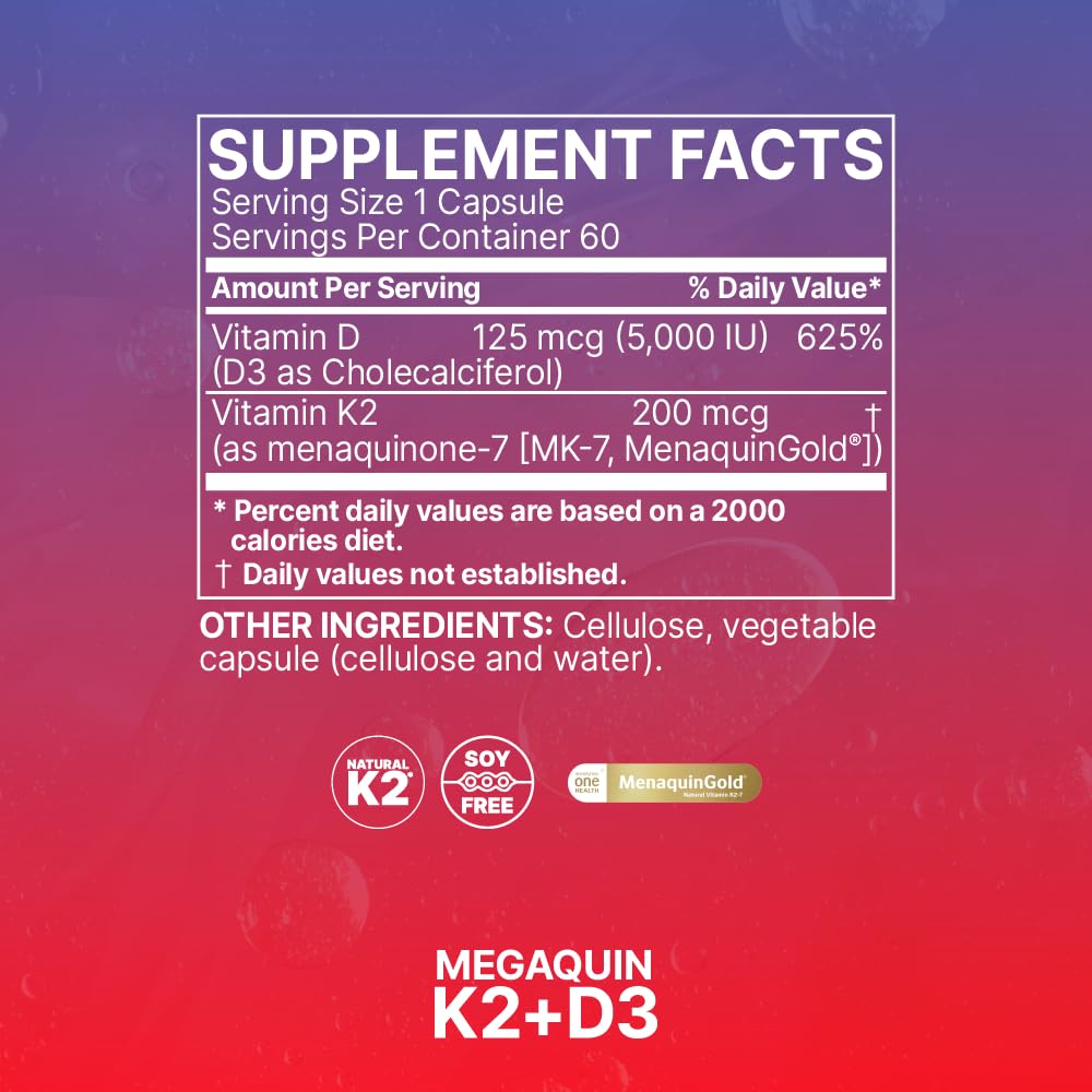 MegaQuin D3 + K2 label close-up highlighting natural fermentation MK-7.