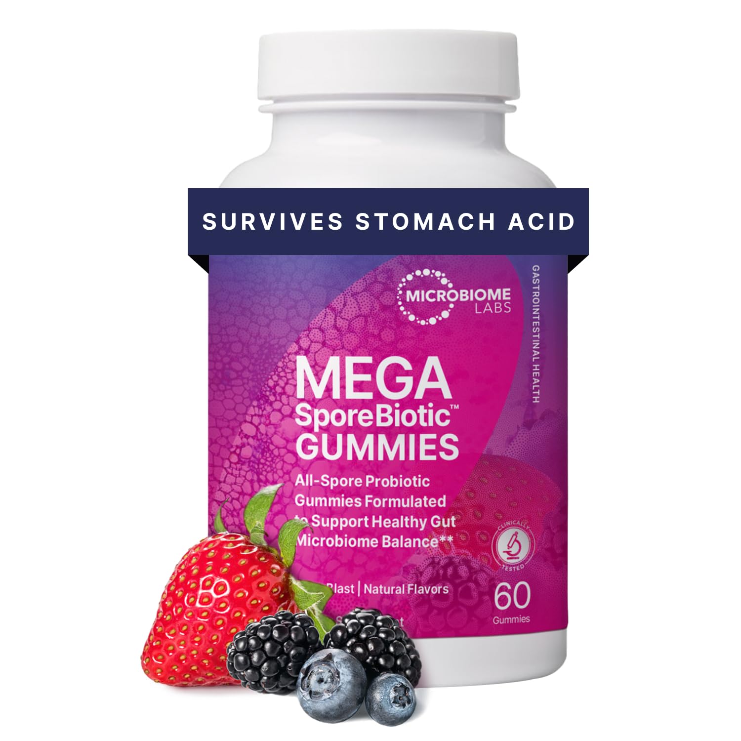Microbiome Labs MegaSporeBiotic Gummies berry bottle for digestive health.