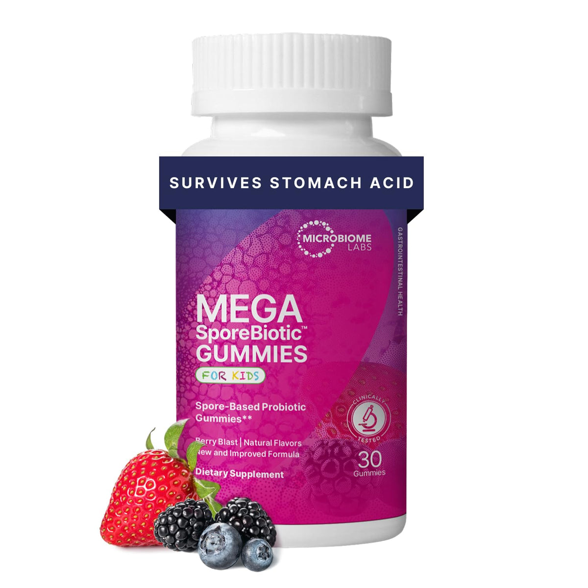 MegaSporeBiotic Kids Berry Gummies bottle shown, supporting daily gut health for kids