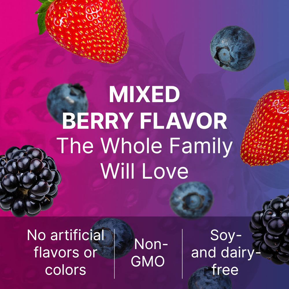 MegaSporeBiotic Kids Berry Gummies label detail, four Bacillus strains for digestive support