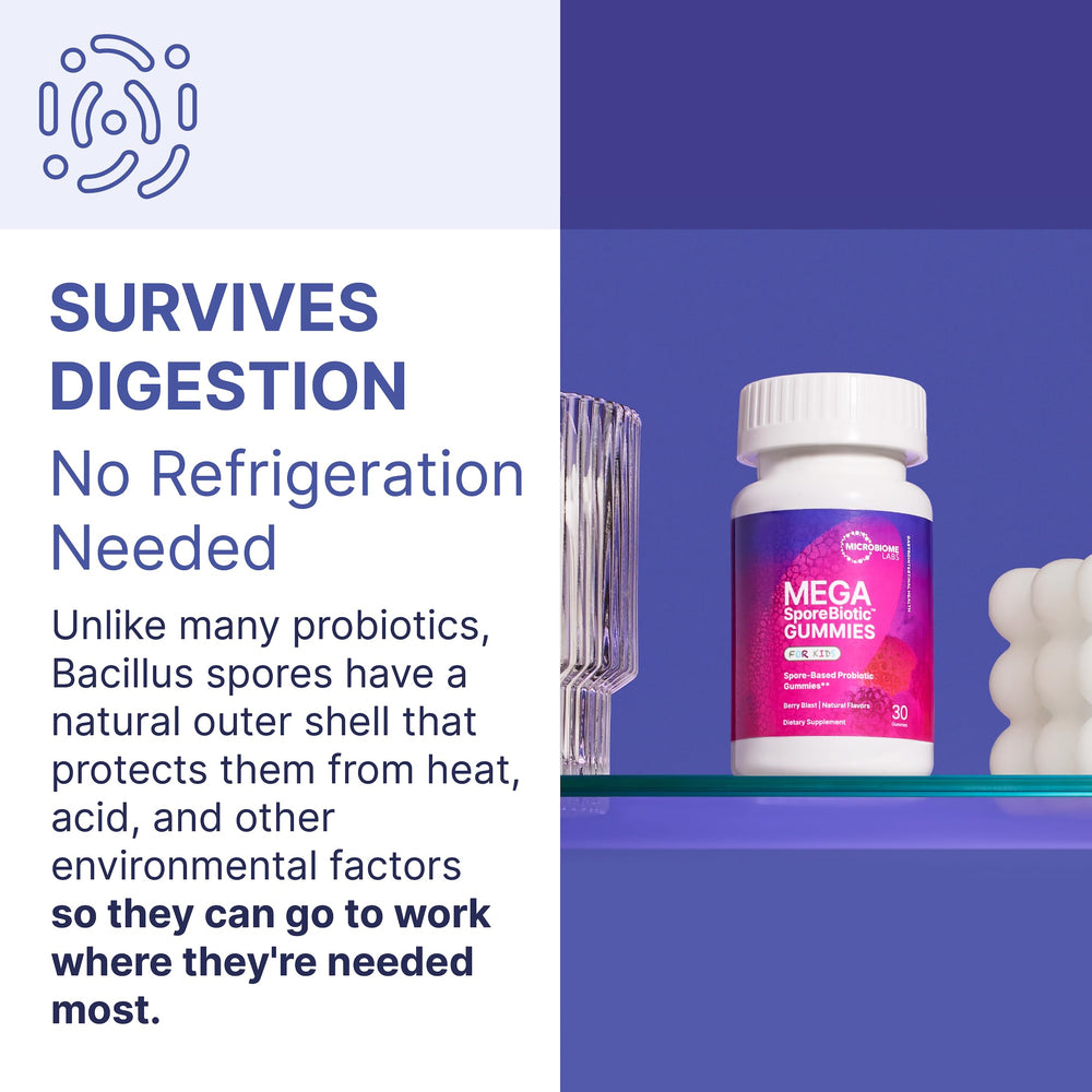 MegaSporeBiotic Kids gummies illustration showing HU36 antioxidant benefits