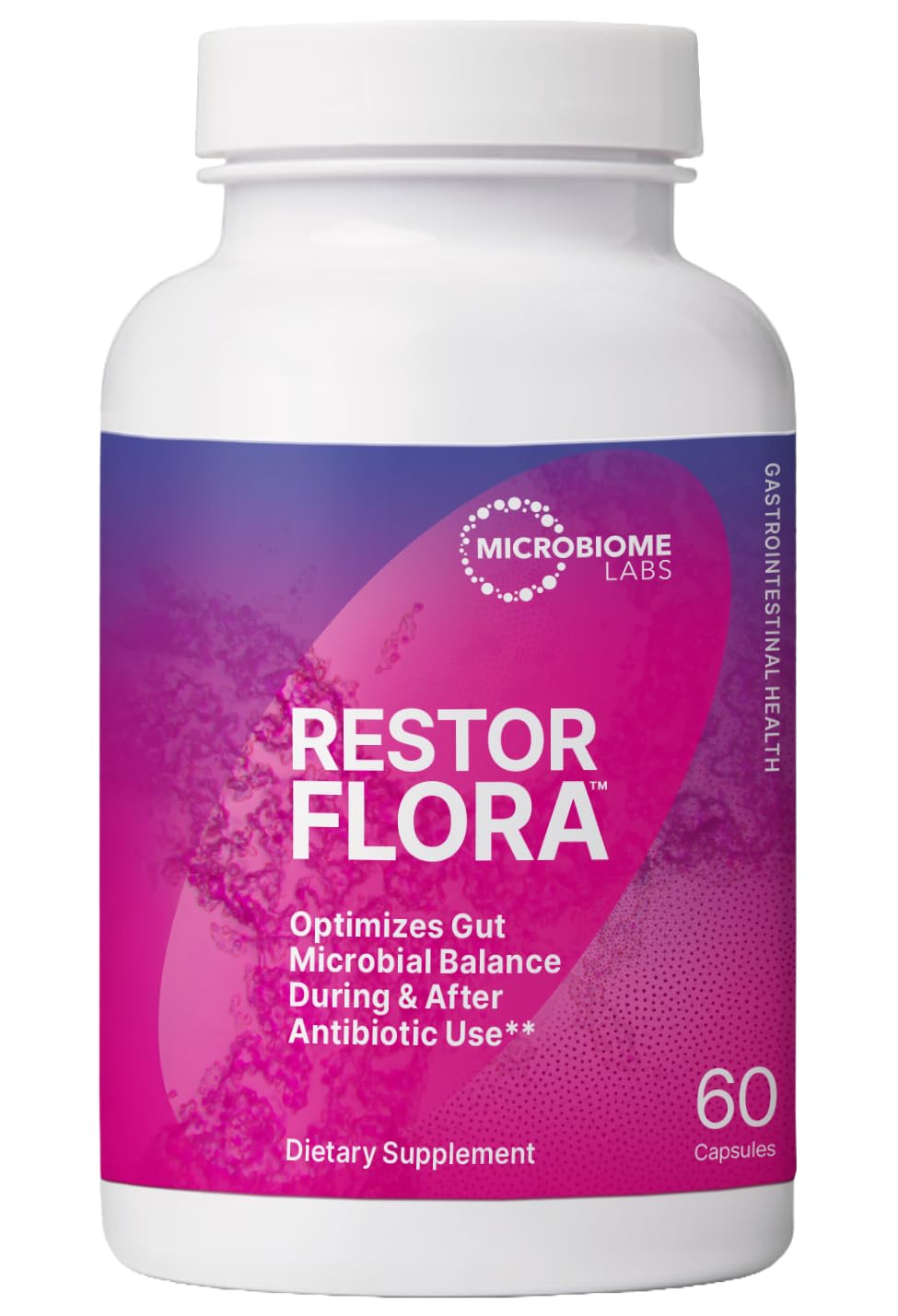 Microbiome Labs Restorflora capsules in a bottle poured for daily gut health.