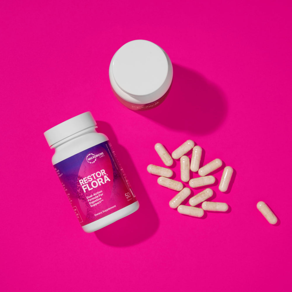 RestorFlora packaging highlights spore forming strains for resilient digestion.