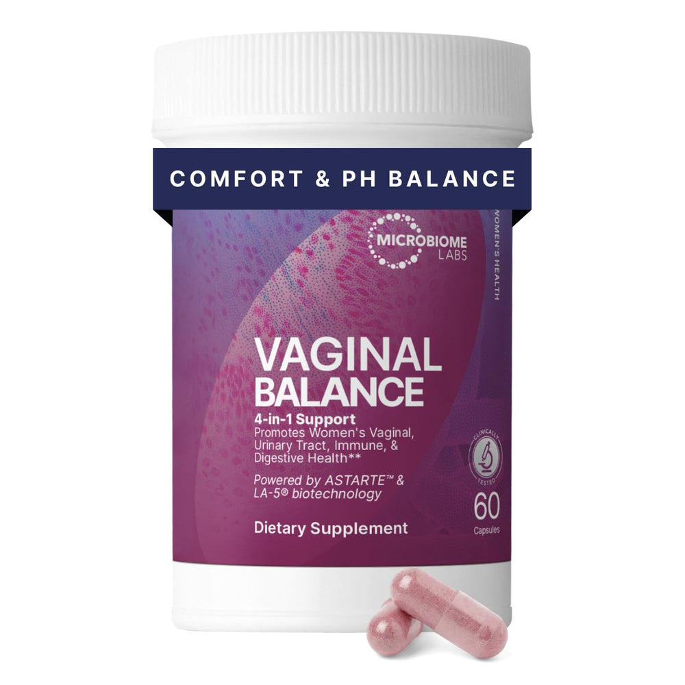 Microbiome Labs Vaginal Balance bottle displaying shelf-stable capsules for daily vaginal support.