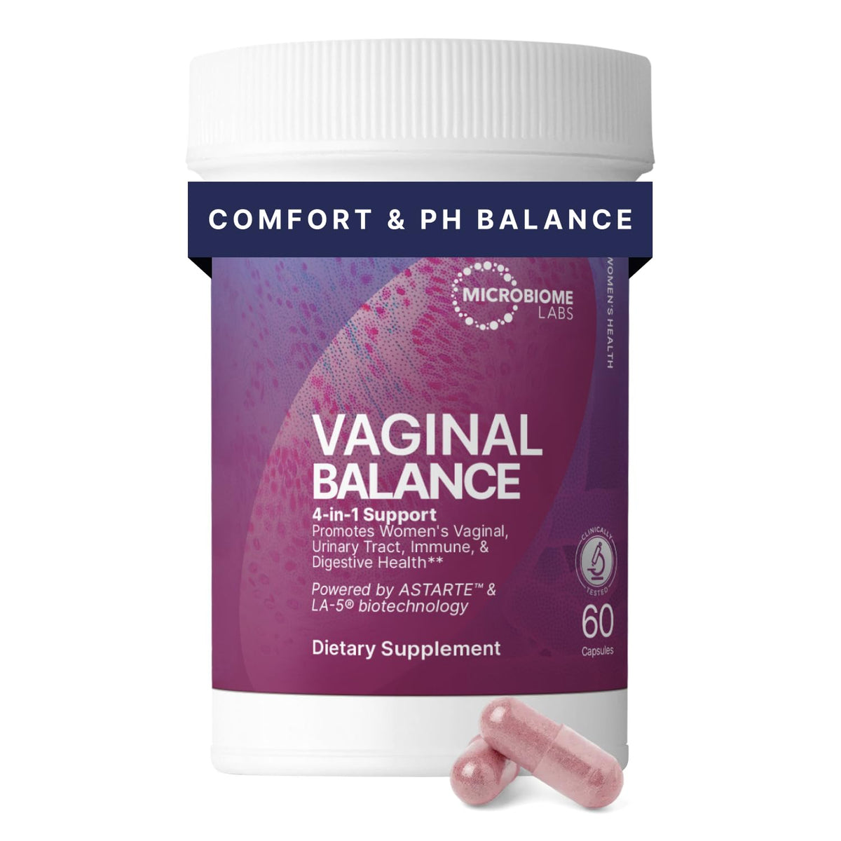 Microbiome Labs Vaginal Balance bottle displaying shelf-stable capsules for daily vaginal support.