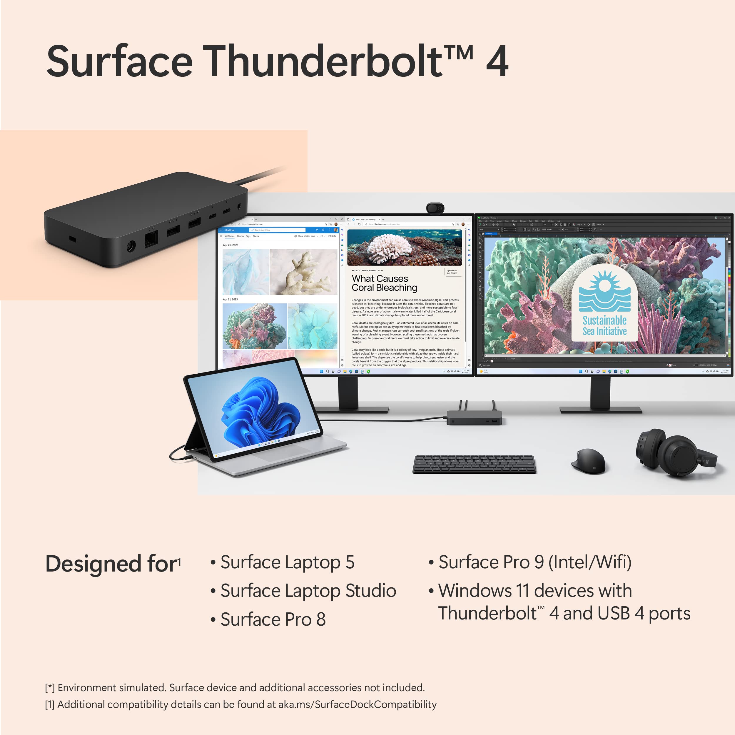Microsoft Surface Thunderbolt 4 Dock eco-friendly design with recycled ocean-bound plastic.