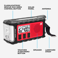 Midland ER310PRO hand crank enables charging during power outages or remote camping.
