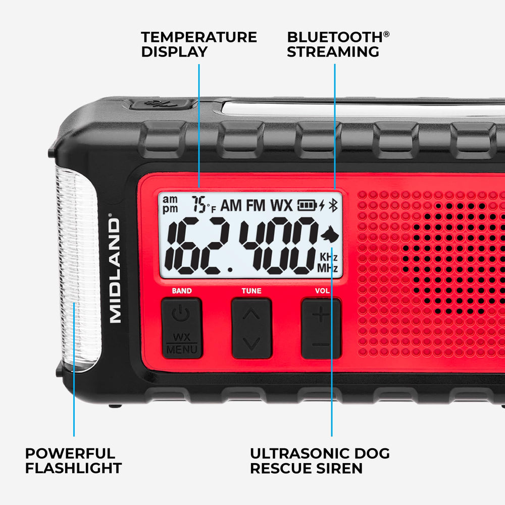 Midland ER310PRO solar panel lets you recharge with sunlight during outdoor adventures.