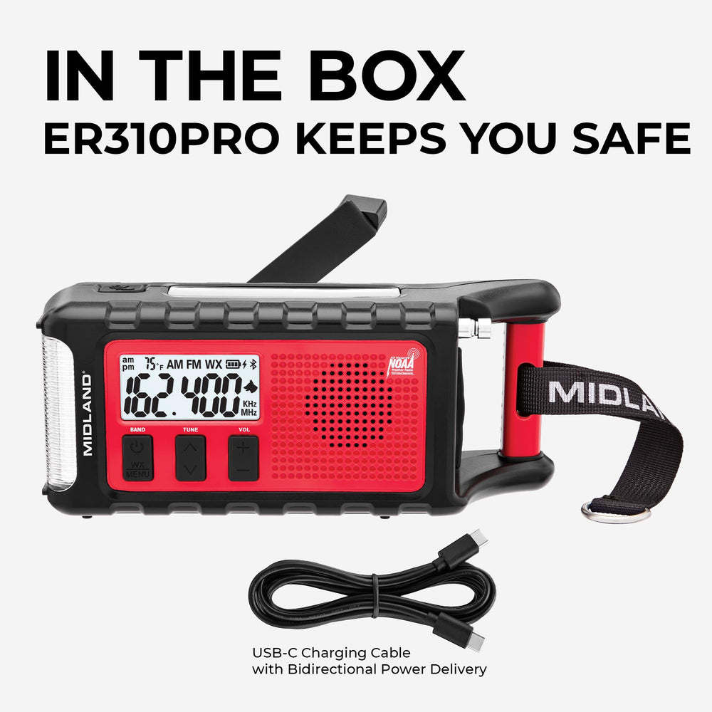 Midland ER310PRO SOS LED flashlight and beacon signal for visibility.