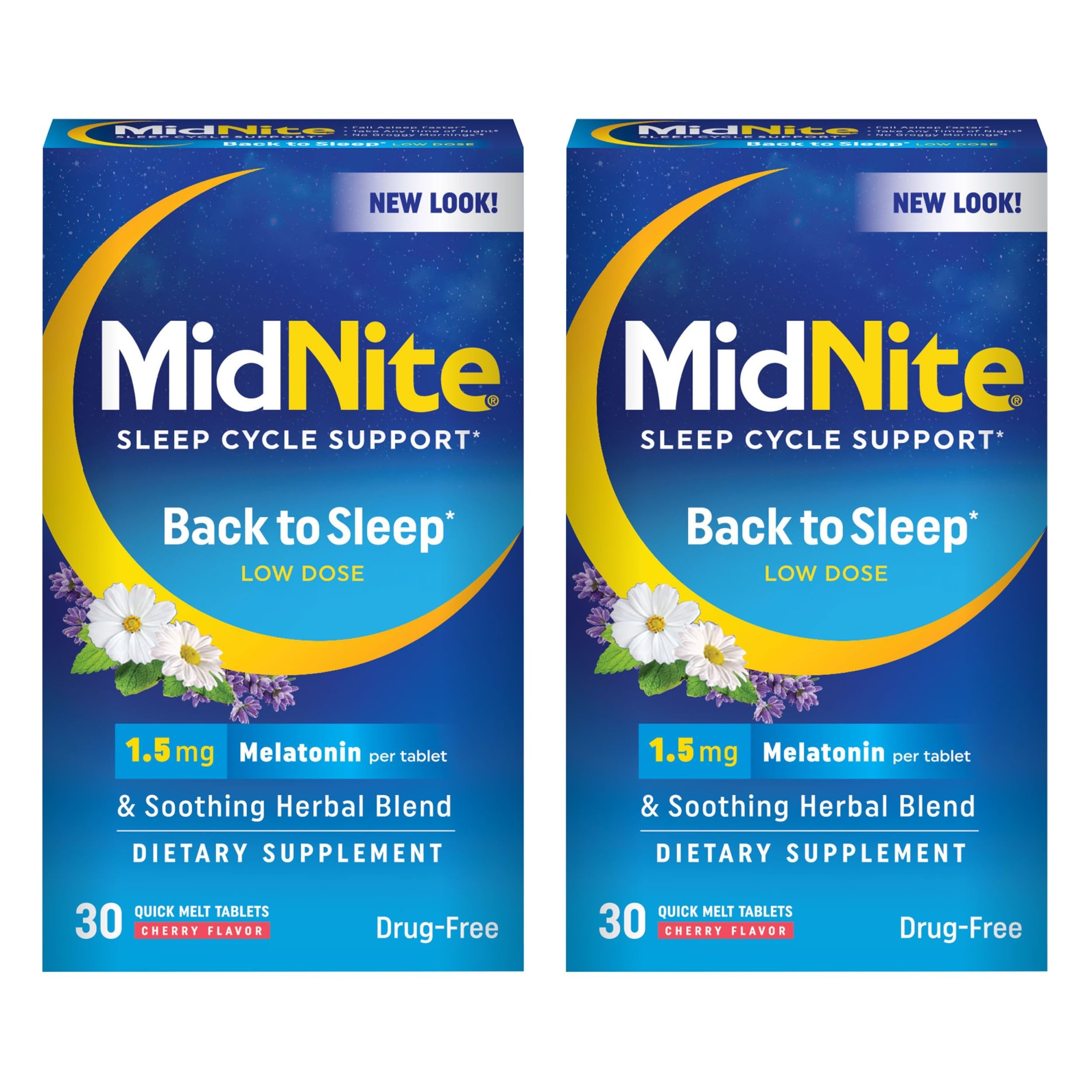 MidNite Back To Sleep bottle front shows packaging and quick-relief melatonin option.