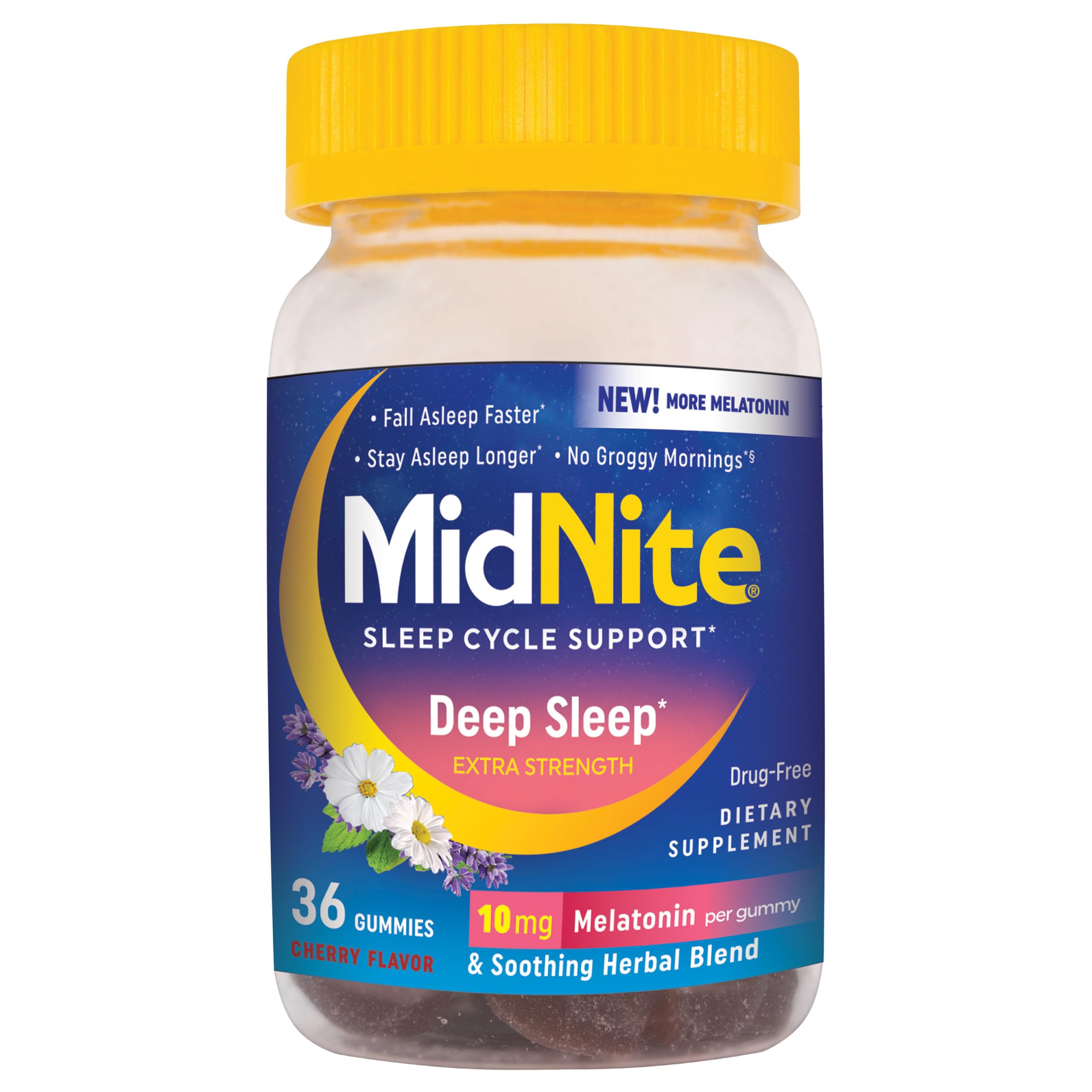 MidNite Deep Sleep gummies bottle on nightstand supports a restful night.