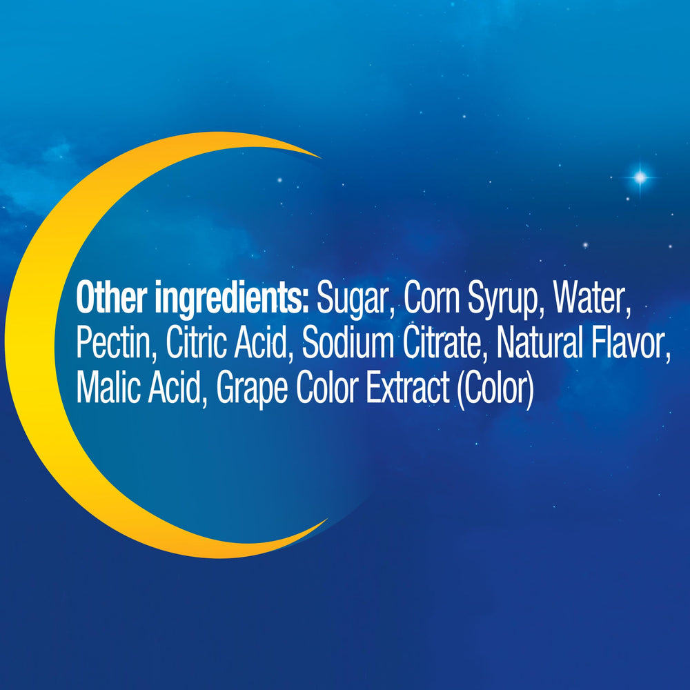 Gummies inside bottle illustrate convenient, water-free sleep support.