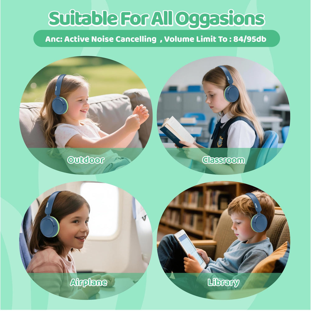 MIDOLA active noise cancelling kids headphones blue side profile showing foldable design for easy transport.