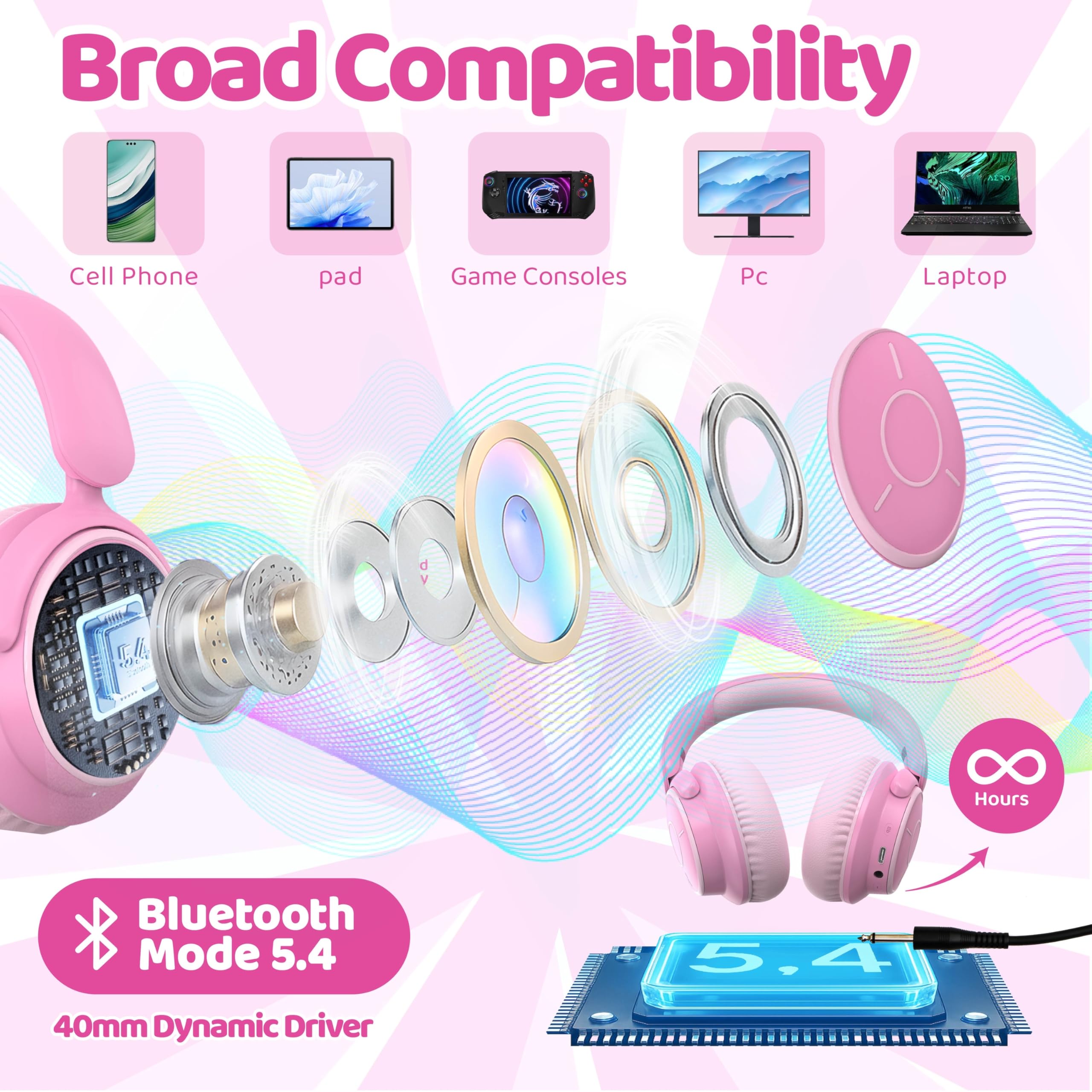 Midola Kids Headphones 68 hours of playback for long trips.