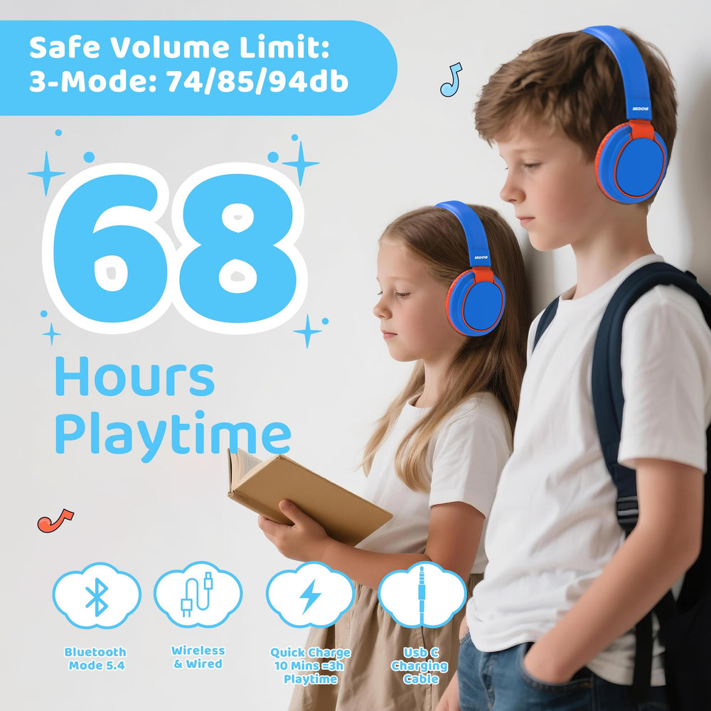 MIDOLA blue kids headphones with detachable cord for safe, tangle-free use