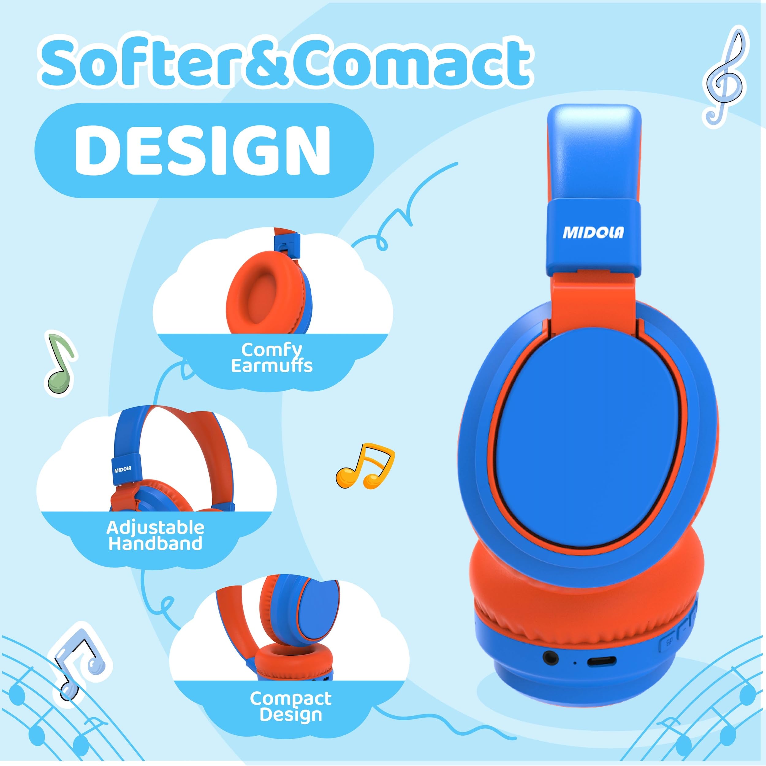 MIDOLA volume limit options 74-85-94dB for age-appropriate listening