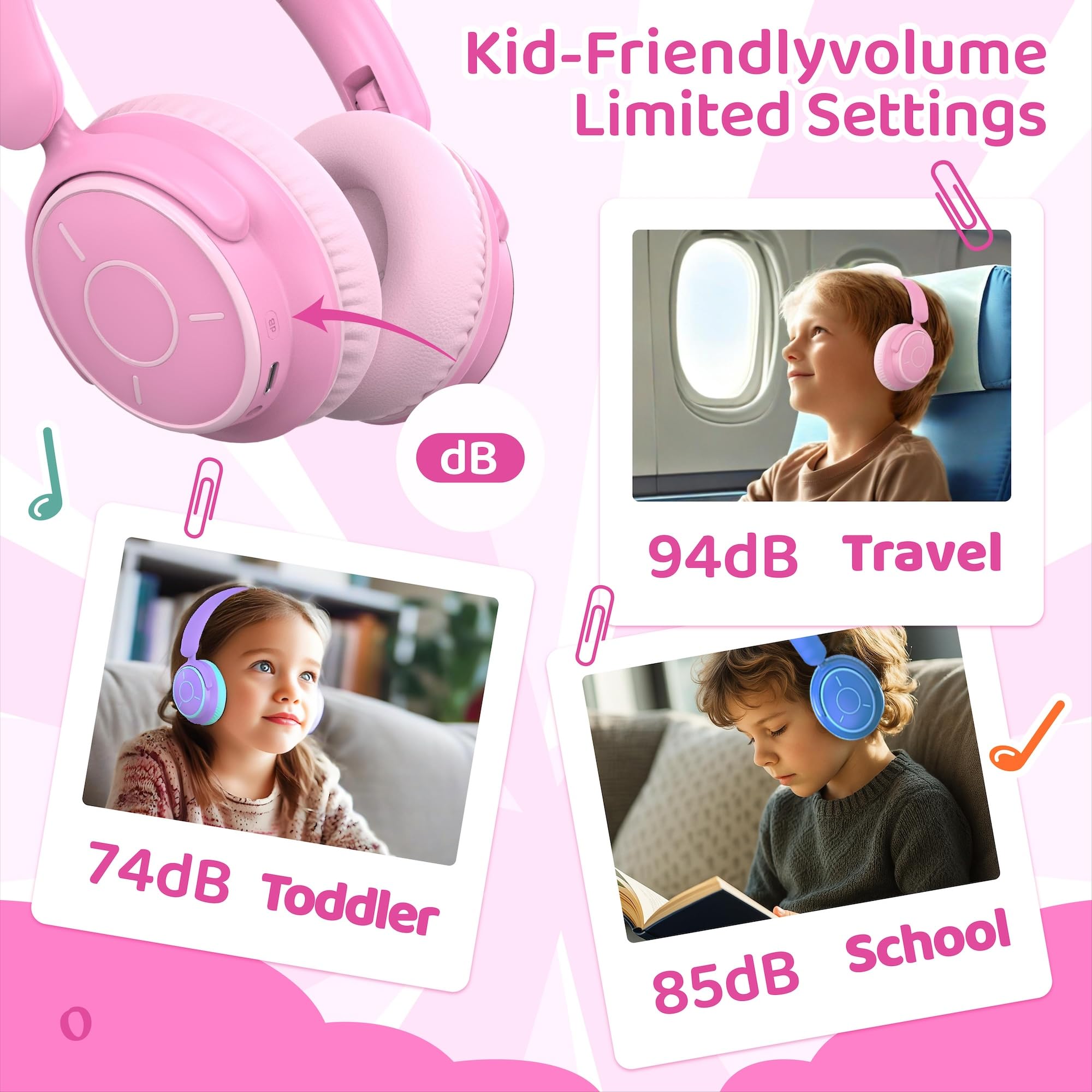 Midola Kids Headphones volume control with three safe levels protects hearing.