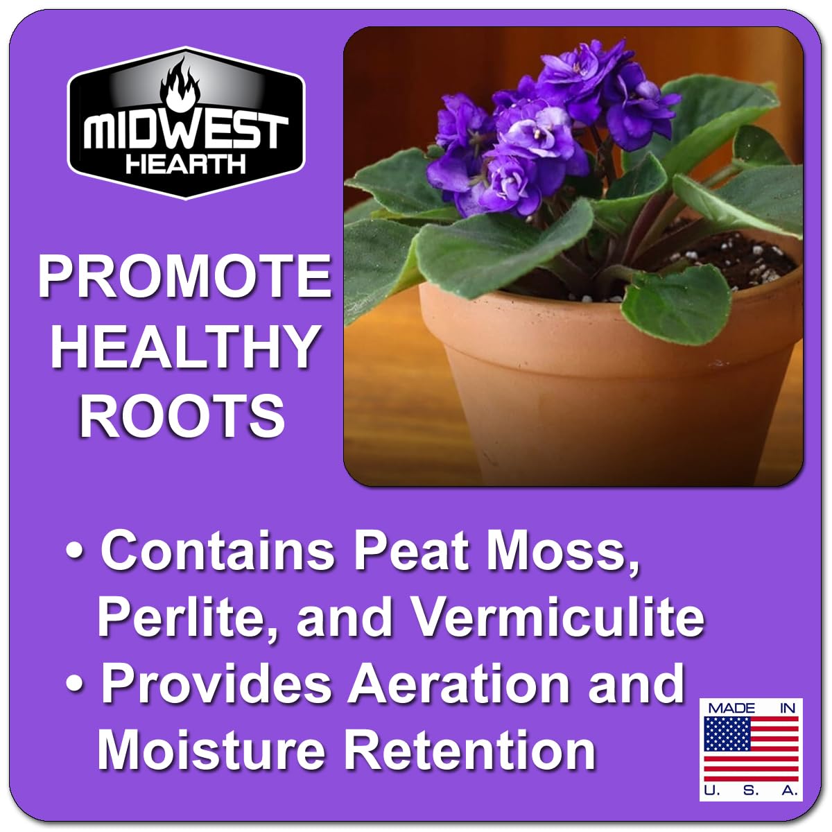Midwest Hearth soil mix texture shows peat moss, perlite, vermiculite for aeration and moisture control