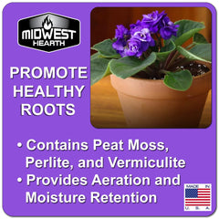 Midwest Hearth soil mix texture shows peat moss, perlite, vermiculite for aeration and moisture control