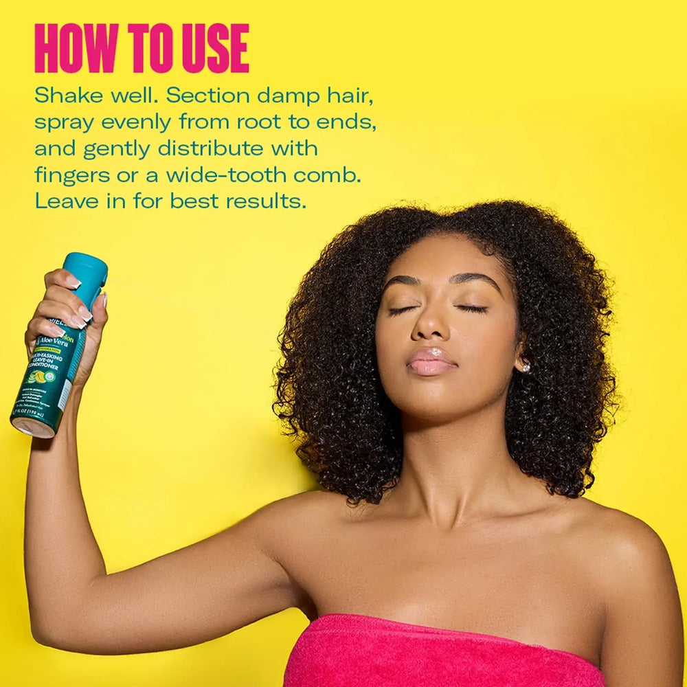 Mielle Organics Kalahari Melon Aloe spray delivering even coverage for detangling