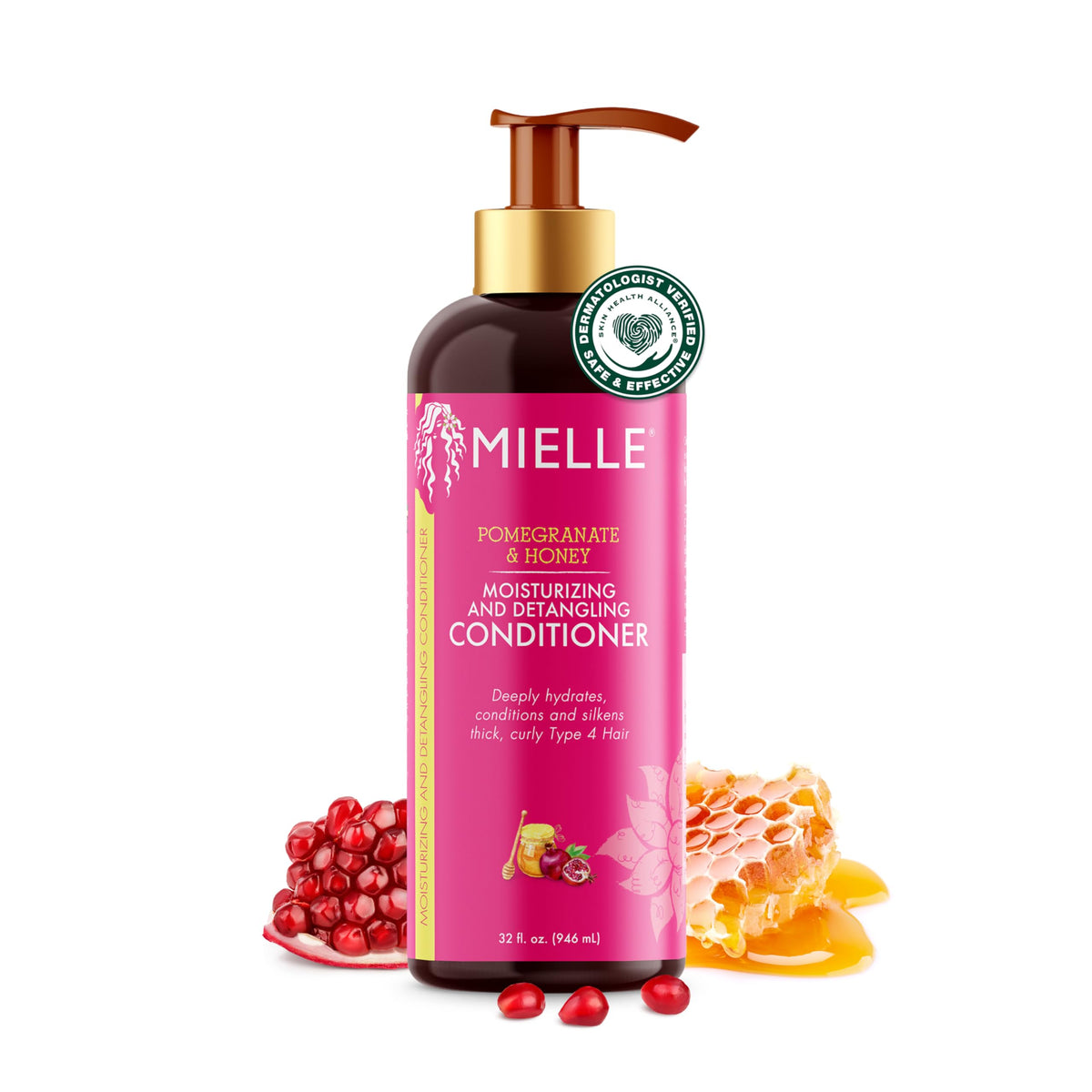 Mielle Organics Pomegranate & Honey detangling conditioner bottle showing deep hydration for curls