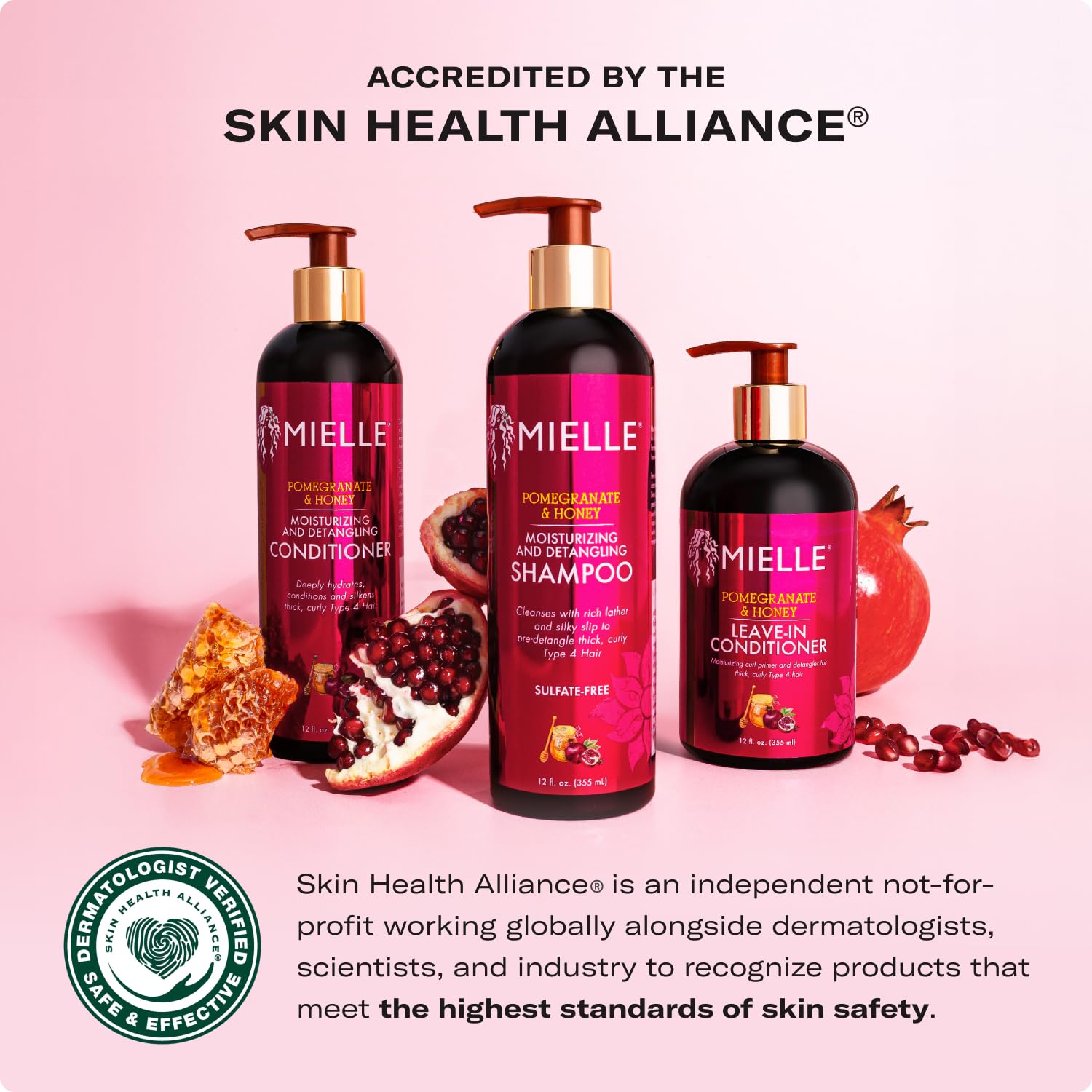 Mielle Organics Pomegranate Honey label close-up highlighting nourishing ingredients for curls